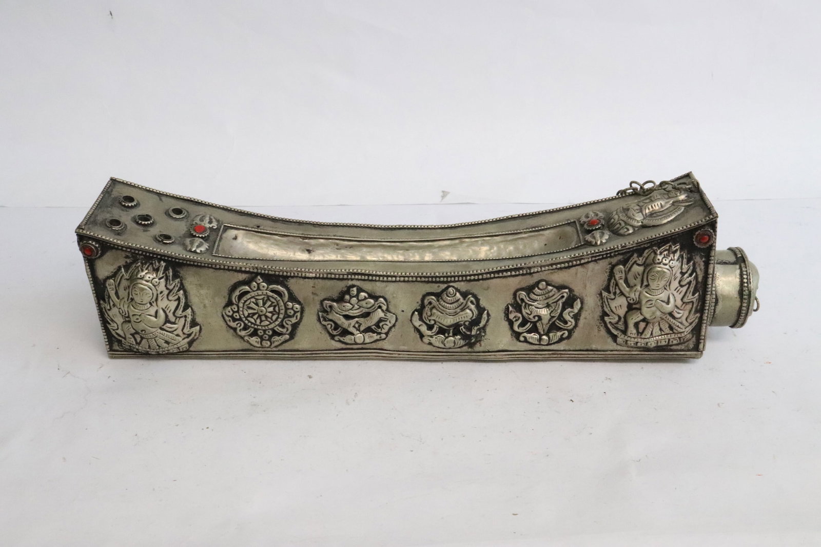 A Tibetan silverplate water/ wine container: A Tibetan silverplate water/ wine container, 12.1"x2.8"x2.3"