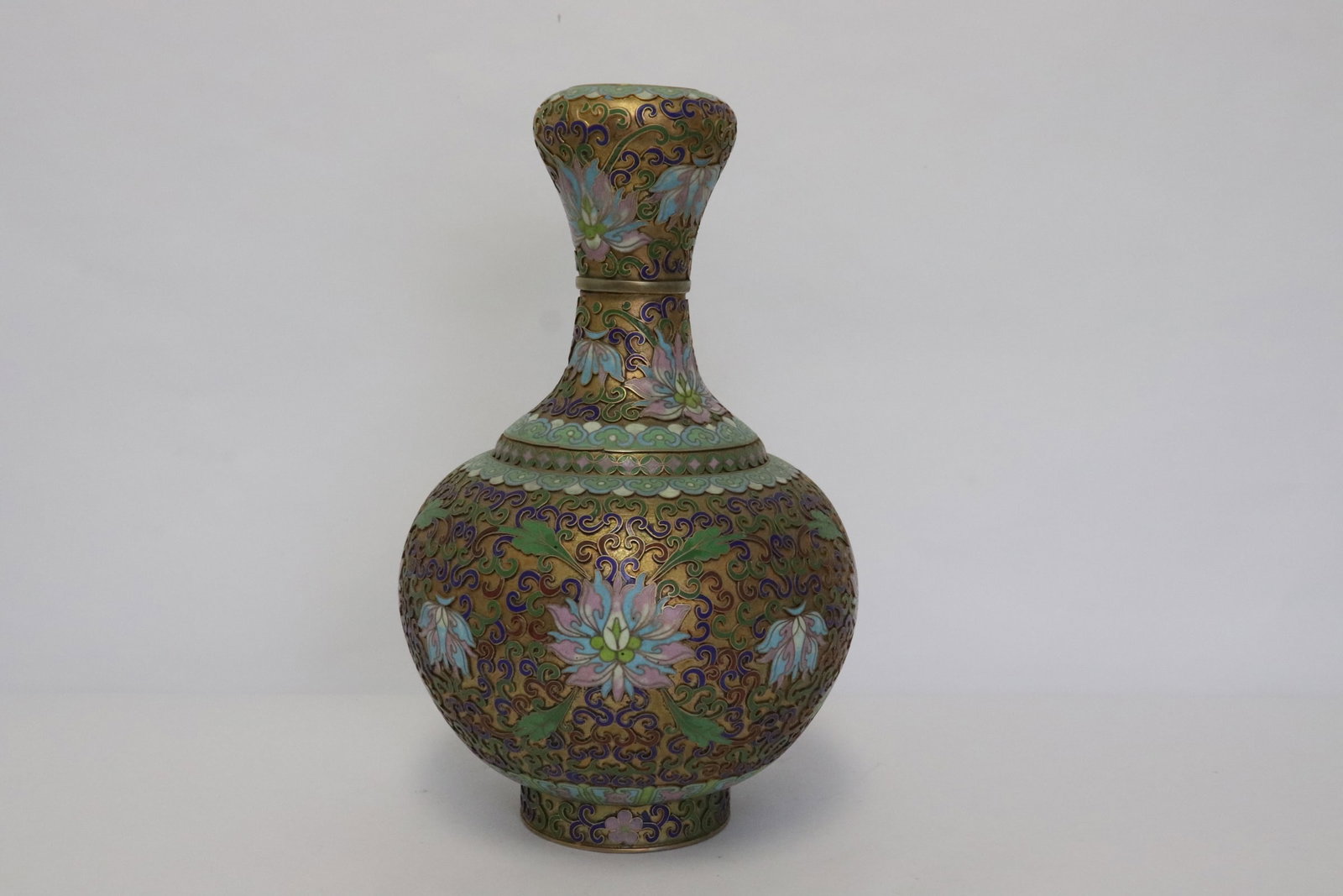 Chinese champleve garlic top bottle vase: Chinese champleve garlic top bottle vase, minor dent, 12.1"x7.6"dia