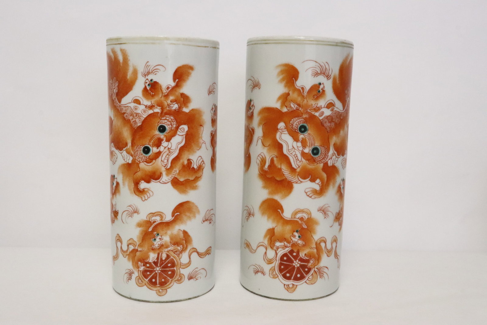 Pair Chinese vintage porcelain incense holder: Pair Chinese vintage red and white porcelain incense holder with qilin motif decoration, 11.25"x4.75"dia