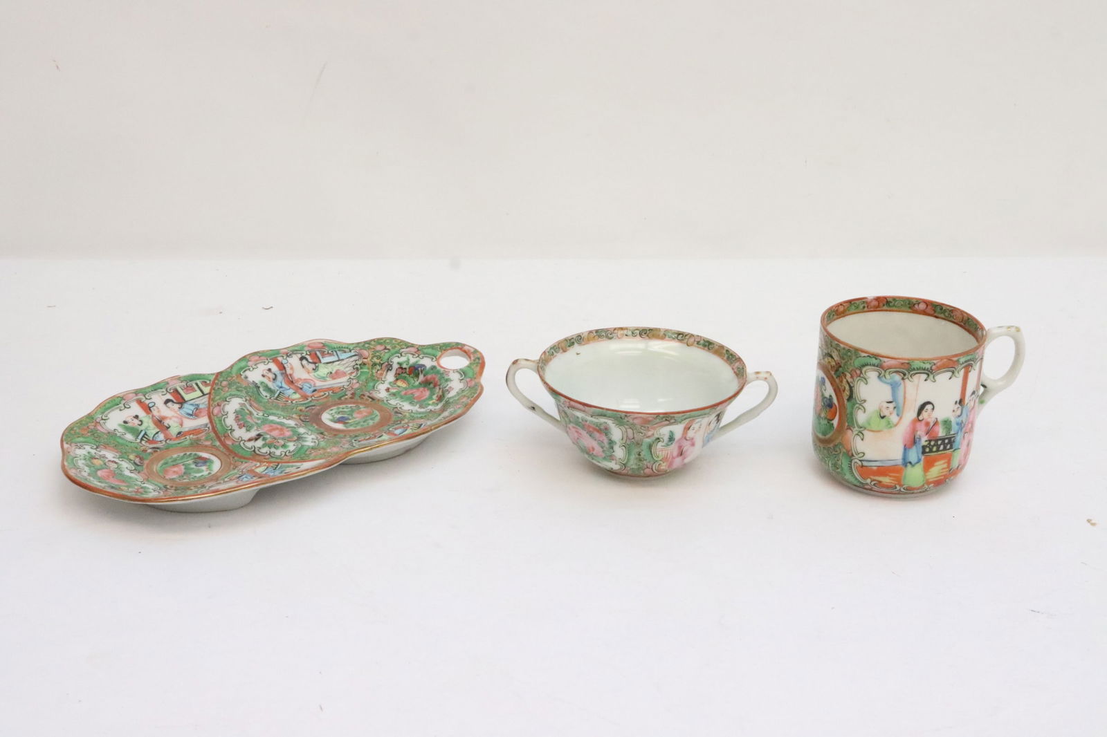 3 pc 19th century rose canton tea cups & underplate (1 of 11)