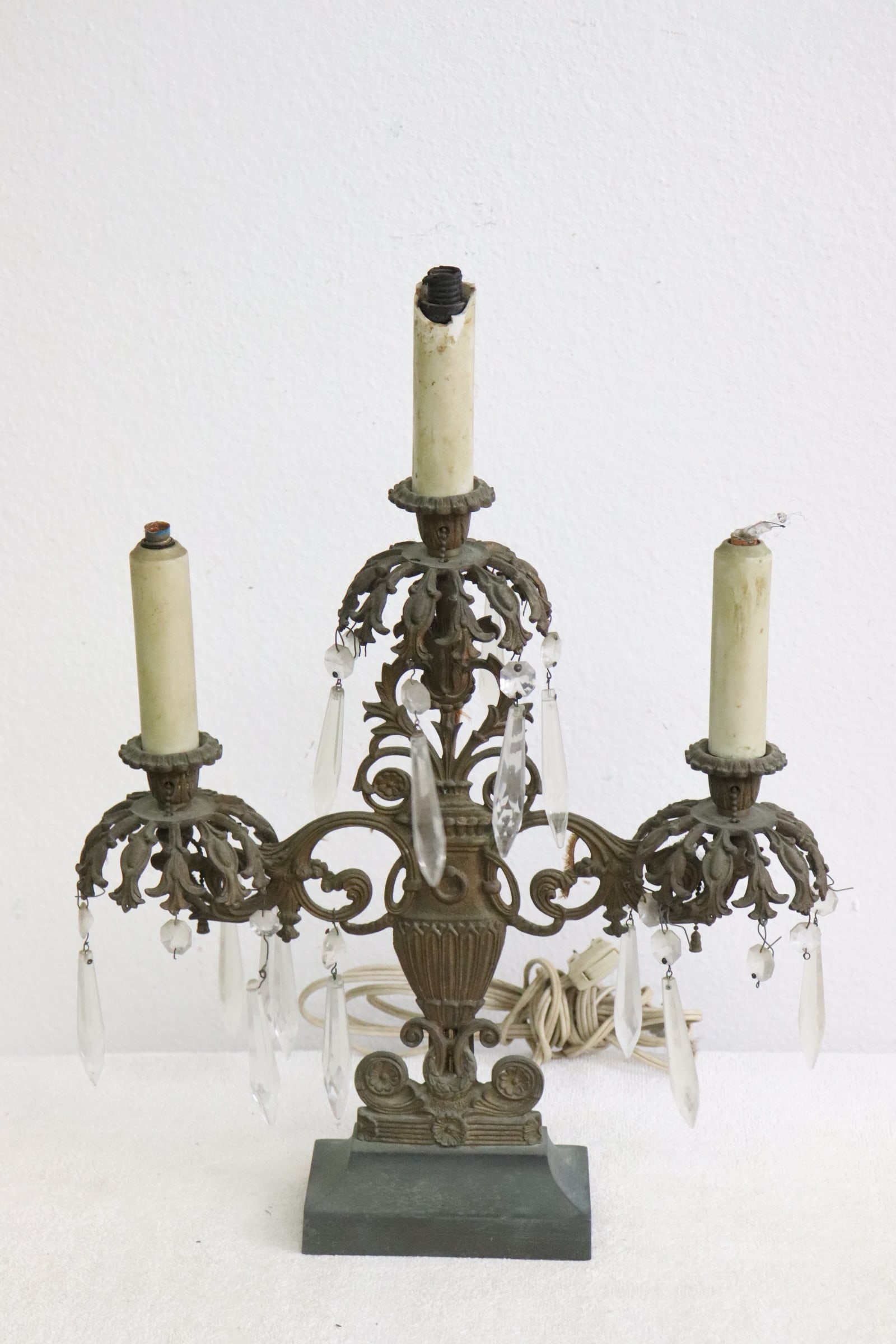 Antique French bronze and crystal girandole: Antique French bronze and crystal girandole, missing crystal drops, 18.2"H