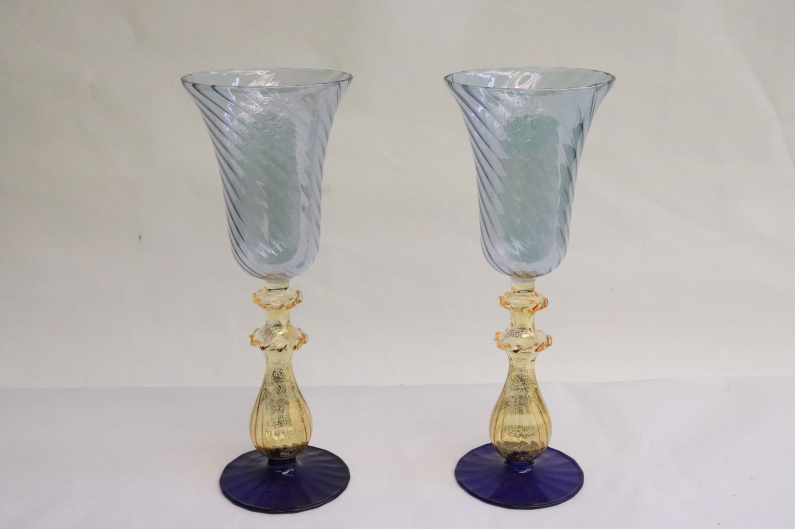 Pair Italian hand blown wine goblets: Pair Italian hand blown wine goblets, 9.9"x3.75"dia