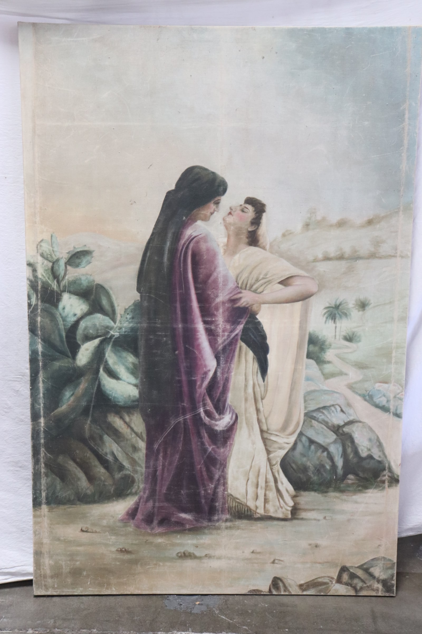 Large pastel(?) on cloth: Large pastel(?) on cloth depicting lovers, scratches on cloth, 62.3"x41"