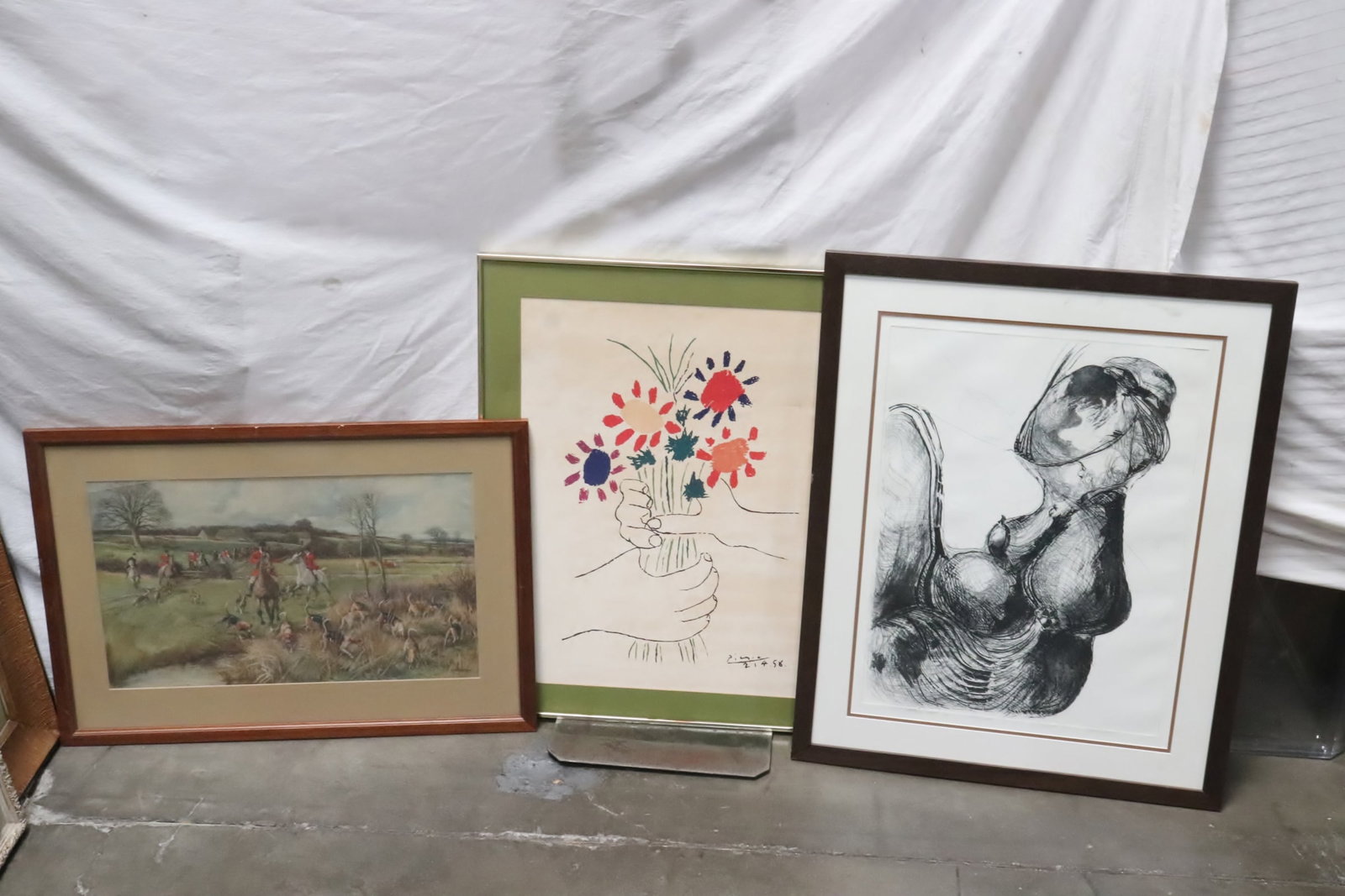 3 pieces: 3 pieces; a Picasso print of flower (25.3"x19.3"), a signed etching "nude" (23.5"x17.7"), and an antique print depicting hunting scene (13.6"x23.3")