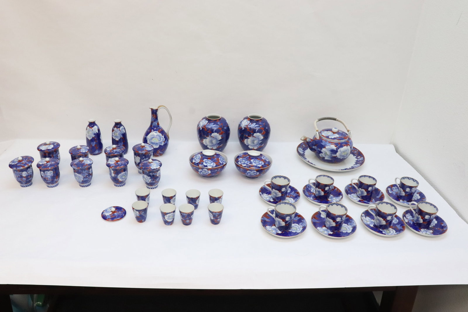 Japanese Fukagawa Aritaware of tea and sake services: Set of rare Japanese Fukagawa cobalt blue Aritaware of tea and sake services, total 44 pieces