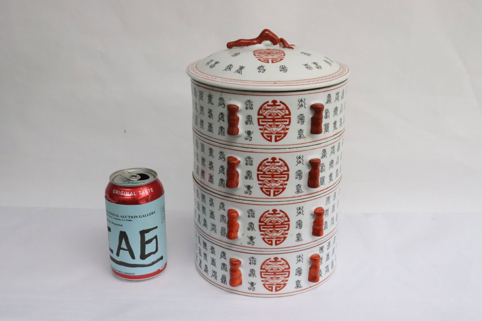 Chinese vintage wucai porcelain stacked candy box: Chinese vintage wucai porcelain stacked candy box, 11.1"x7.15"dia