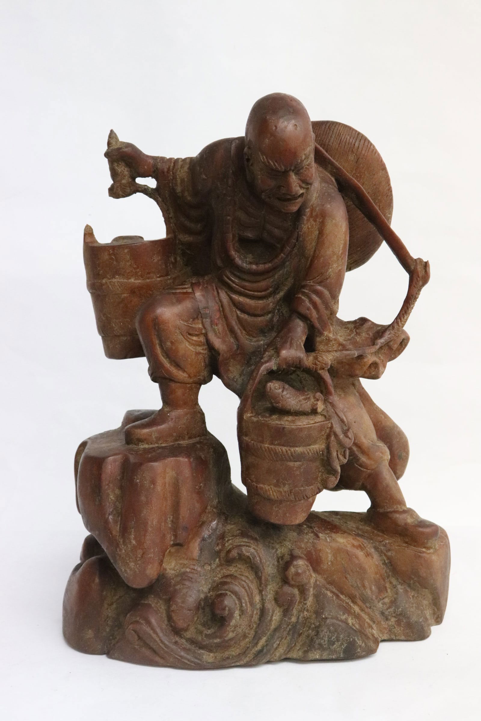 Chinese antique wood carved figure: Chinese antique wood carved figure of fisherman, 10"H
