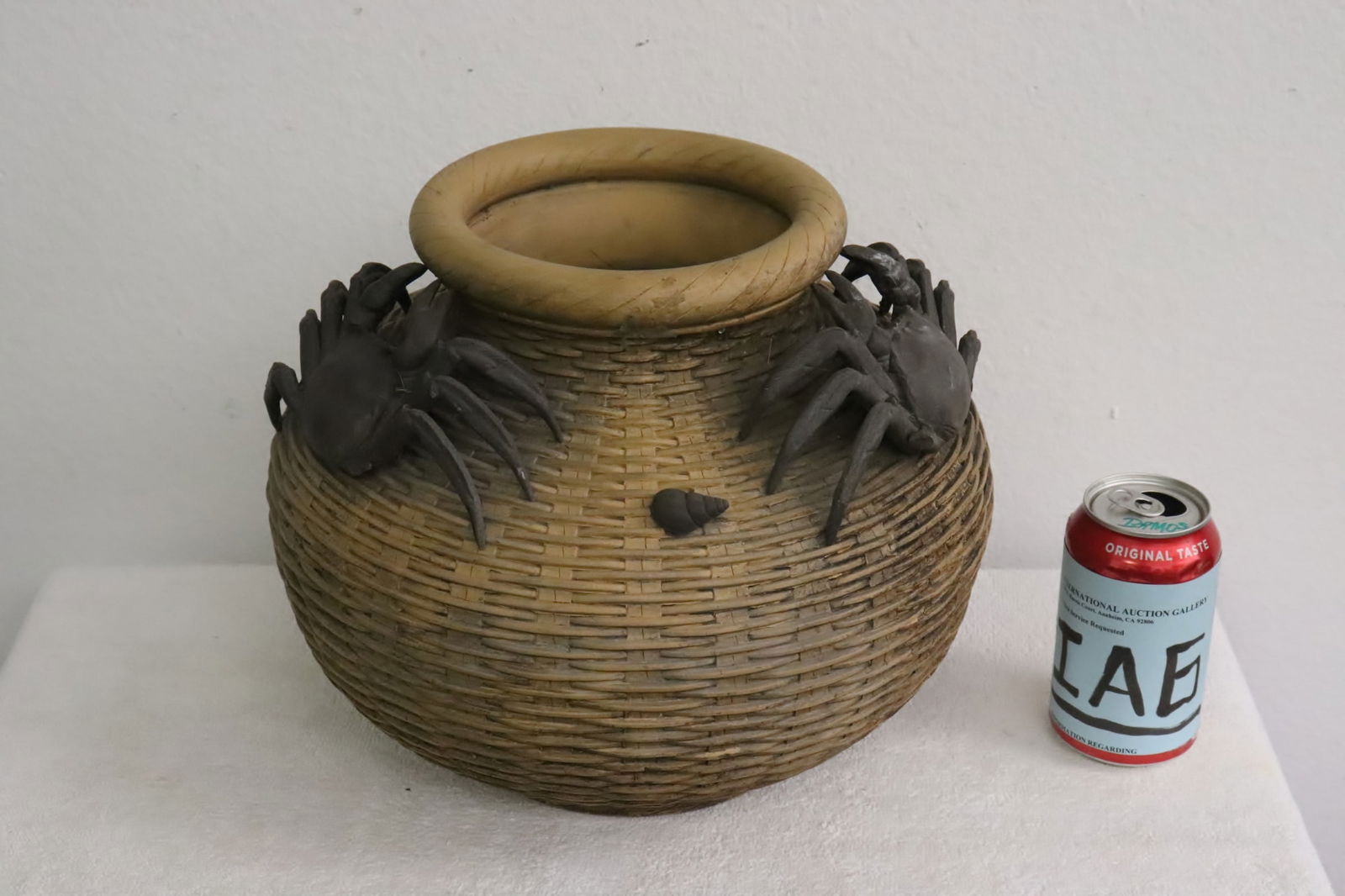 A very fancy Yixing clay jar: A very fancy Yixing clay jar with crab motif decoration in relief, 10.16"x12.6"dia