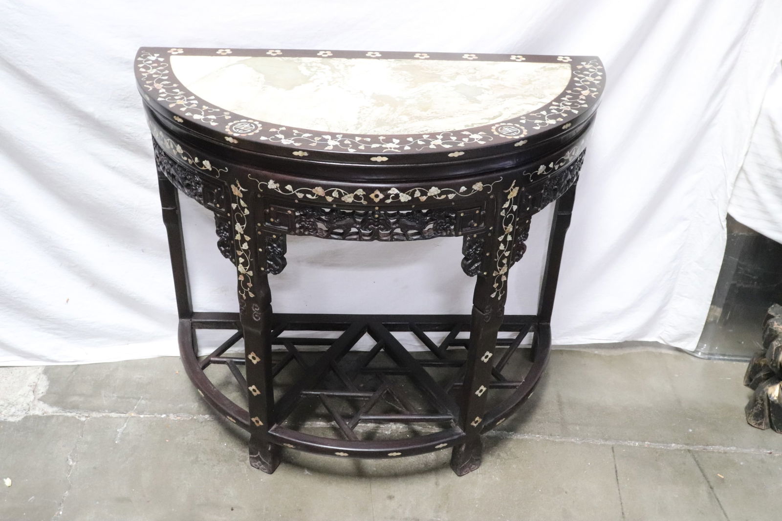 Chinese marble top MOP inlaid half moon table (1 of 10)