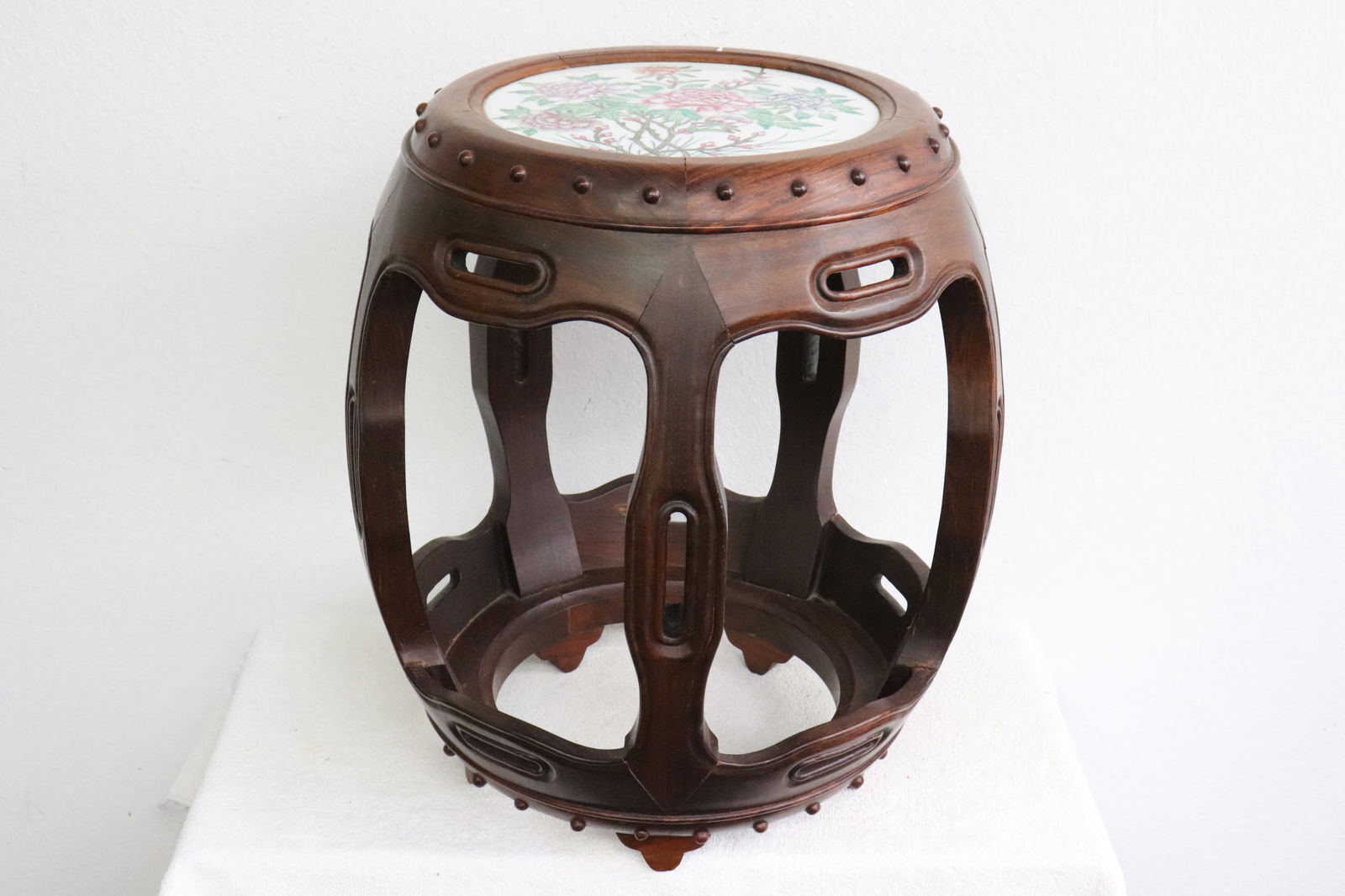 Chinese rosewood stool with porcelain top (1 of 7)