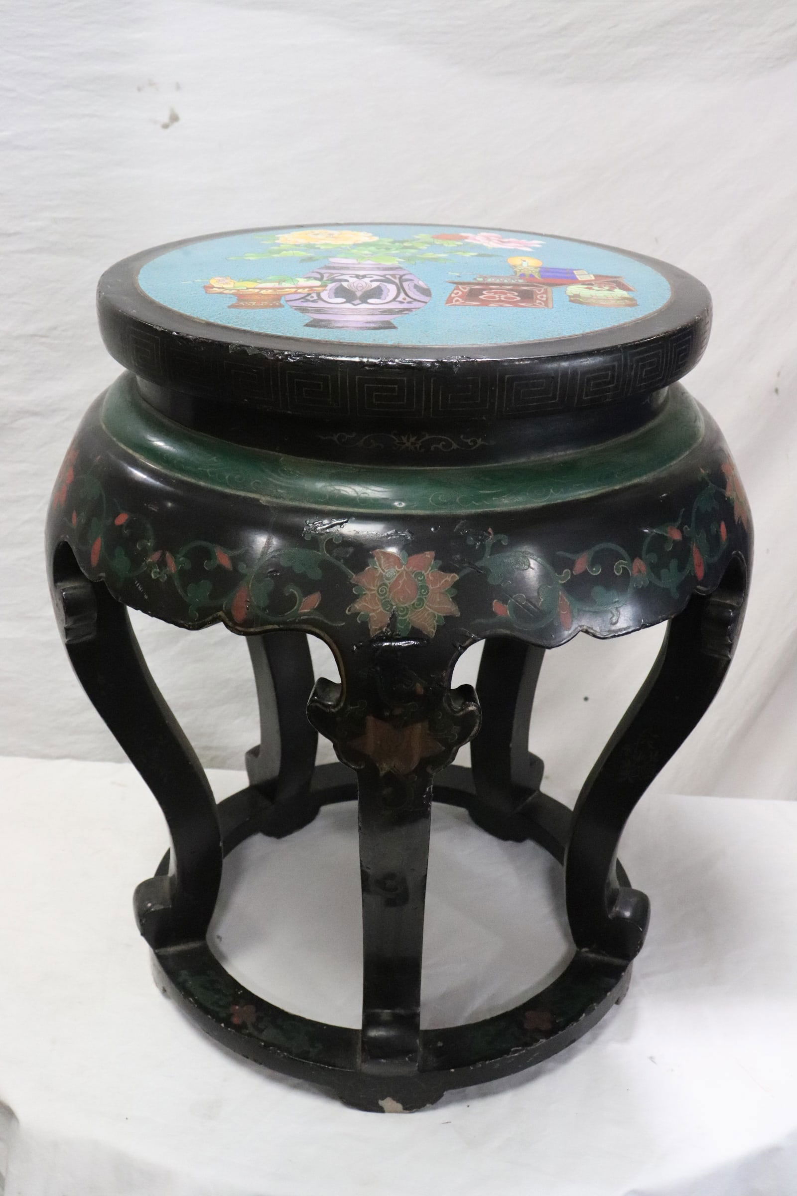 Chinese cloisonne top painted lacquer stool (1 of 7)