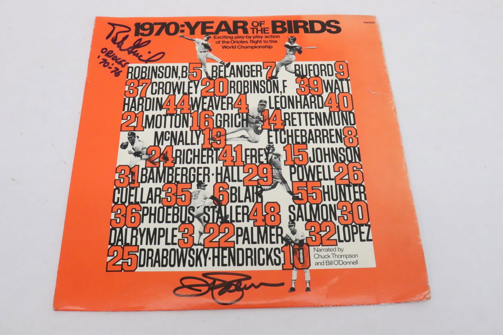 signed 1970 Oriole championship game LP: "1970: year of the bird" Orioles World Championship Game LP, signed by Jim Palmer and Bobby Grich