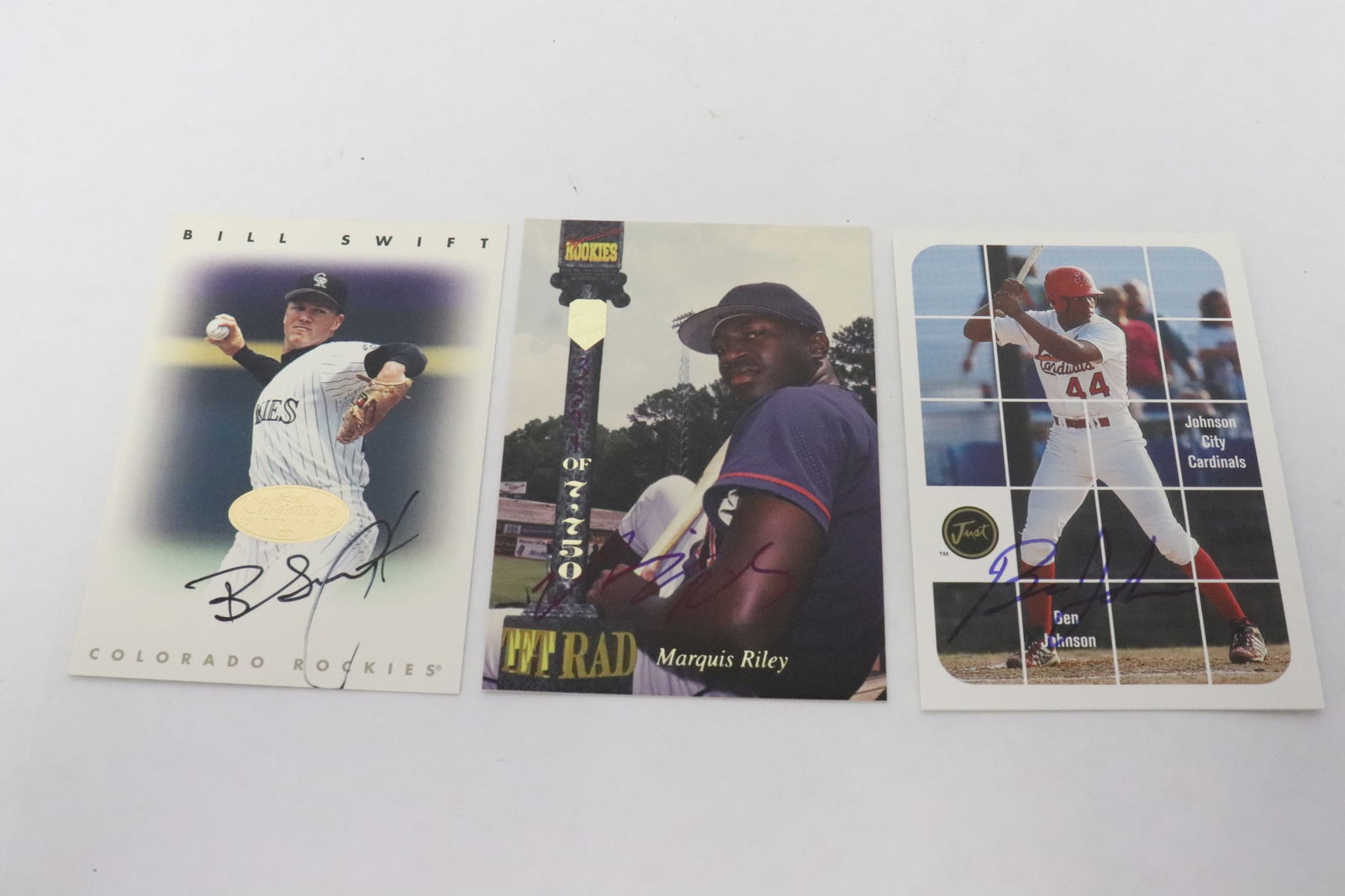 3 signed baseball card: 3 signed baseball card; Marquis Riley, Ben Johnson, and Bill Swift