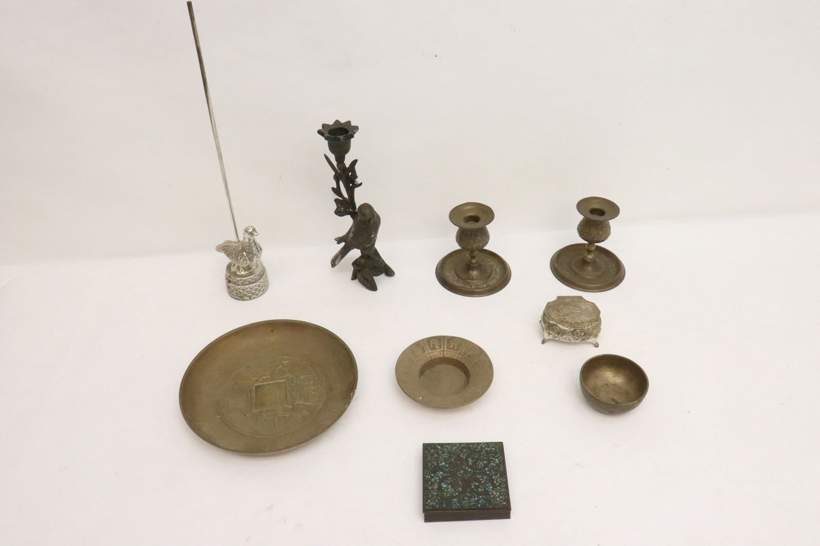 Bronze bird motif candle holder, & misc. brass items (1 of 8)