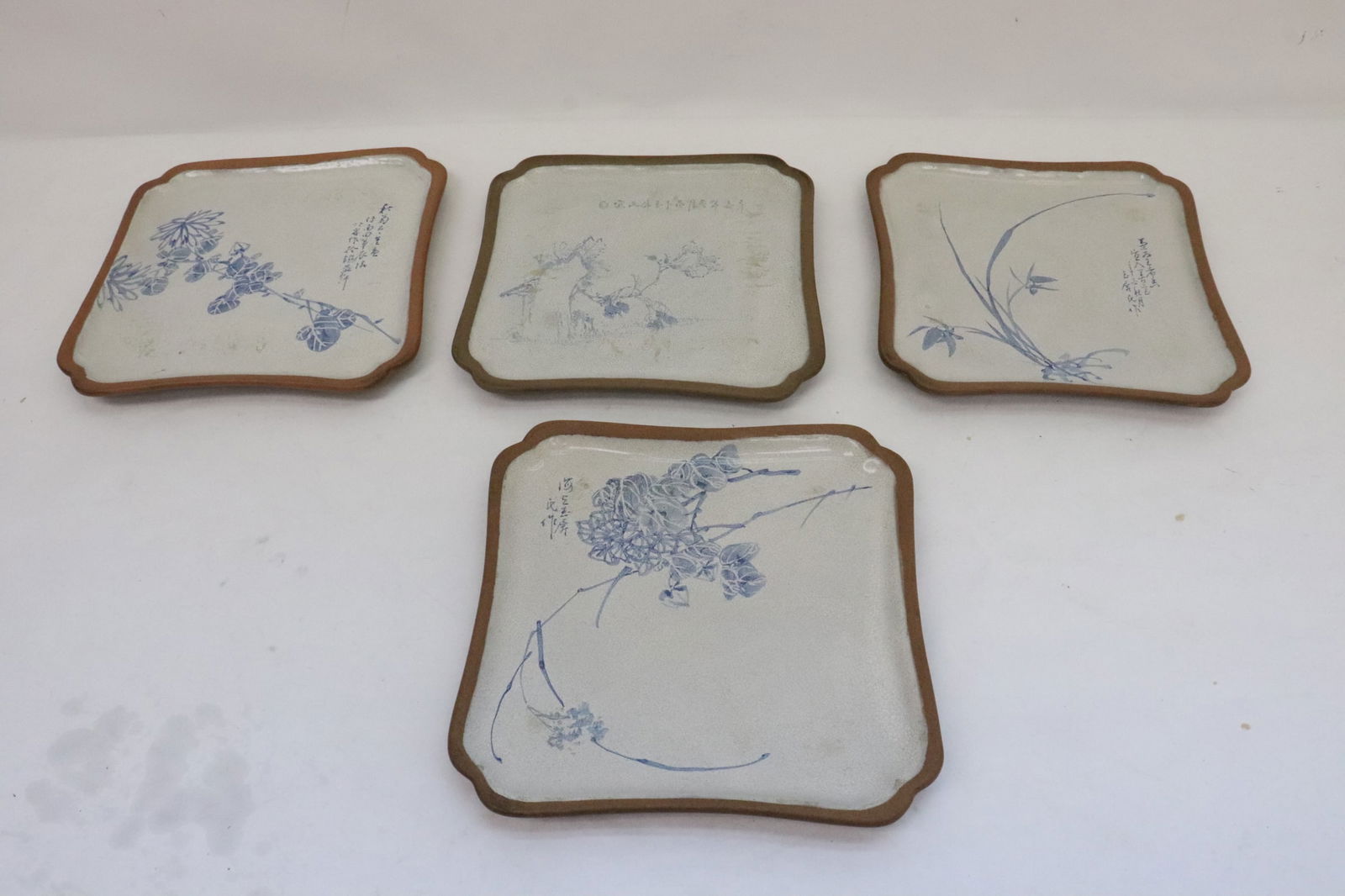 Rare 4 Yixing plate painted w/ flowers & calligraphy (1 of 9)