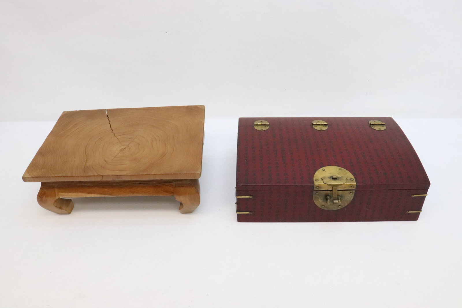 Chinese wood stand, and a Chinese box: Chinese wood stand (cracks) (5.3"x13.6"x9.6"), and a Chinese box (4.3"x14.5"x9.8")
