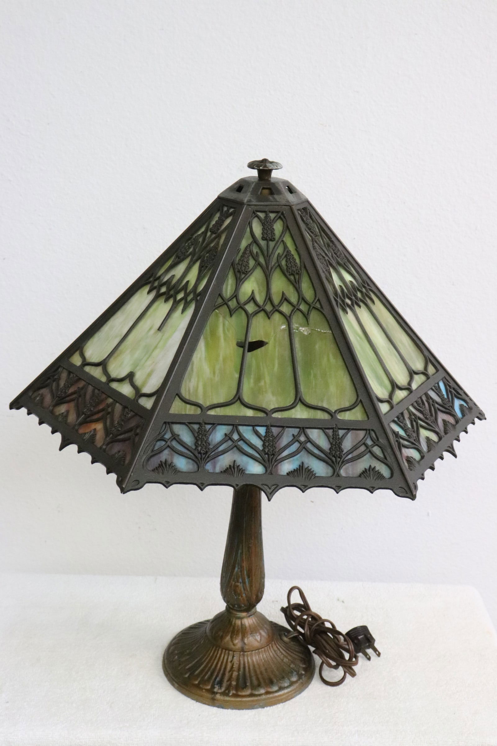 Signed antique Rainaud slag glass shade table lamp (1 of 8)