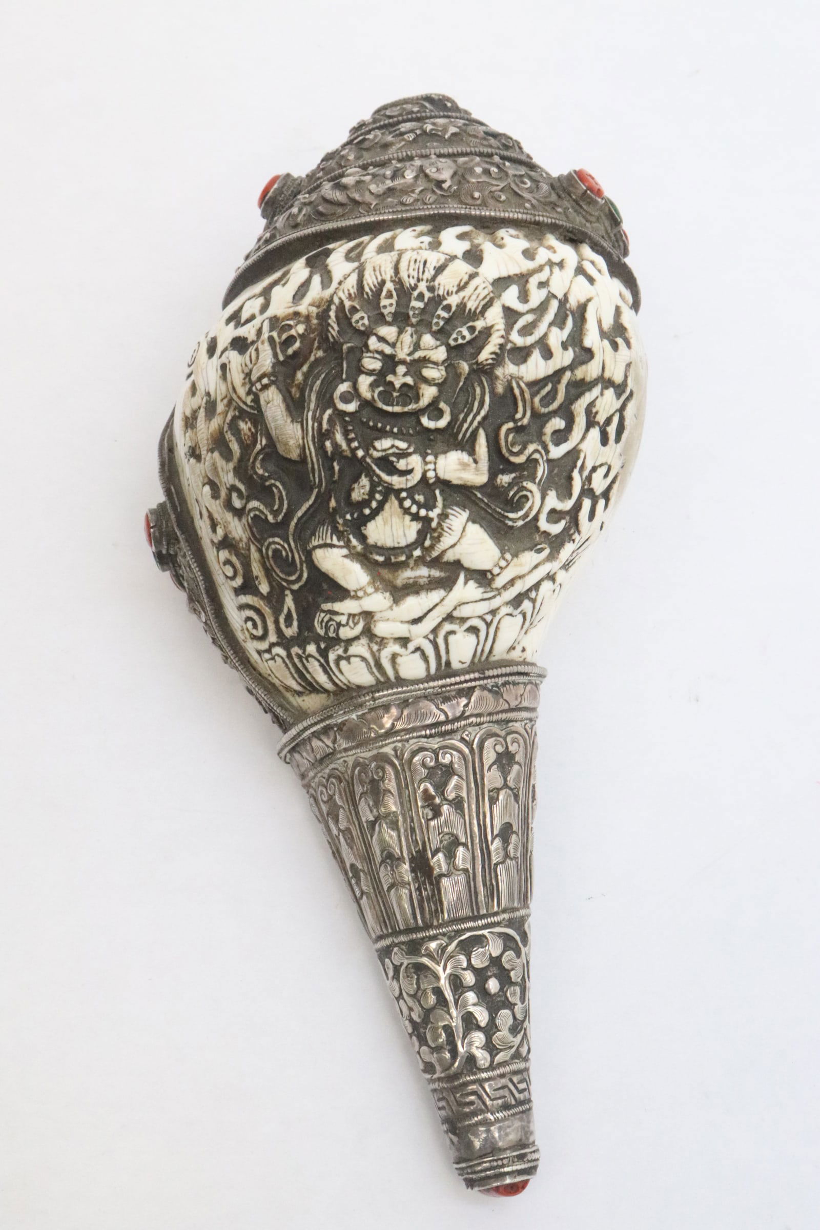 Tibetan antique silver mount conch shell with coral & turquoise (1 of 7)