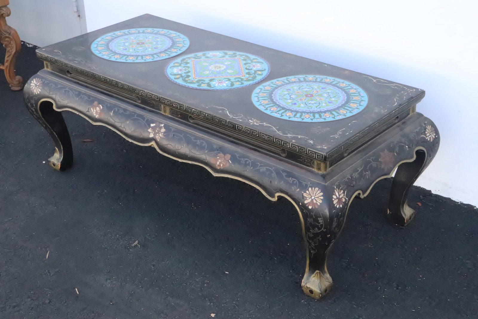 Chinese lacquer table with 3 cloisonne plaques (1 of 9)