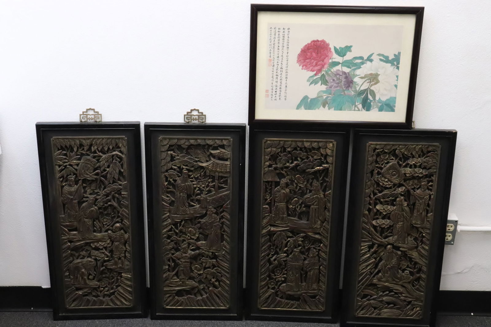 4 Chinese wood carved panels, & a framed print (1 of 9)