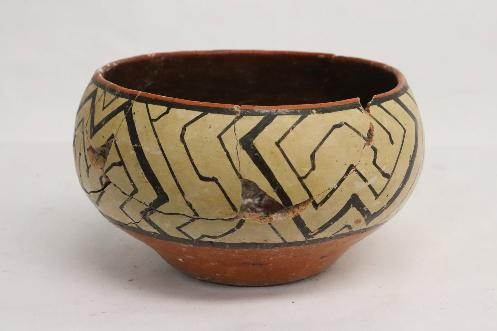 Antique American painted Indian pottery bowl(?): Antique American painted Indian pottery bowl(?), damage repair, 3.15"x5.5"dia