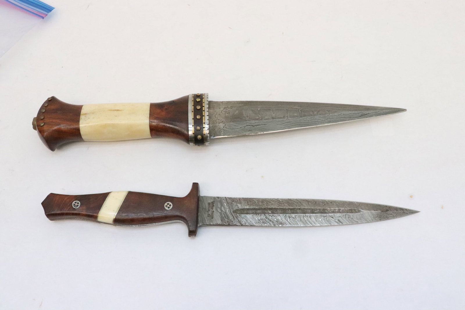 2 Damascus steel blade double edged dagger: 2 Damascus steel blade celtic Scottish style double edged dagger with wood and carved bone handles, 12.4"L, 13.2"L
