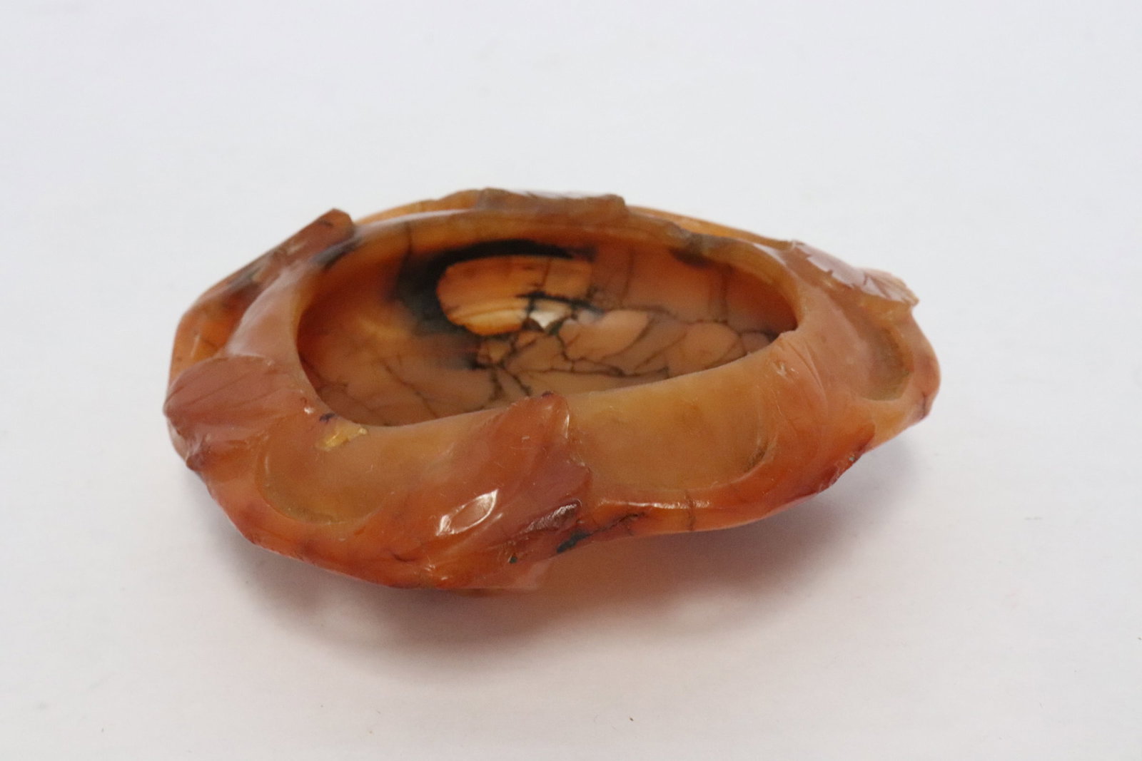 Antique carnelian carved water dripper: Antique carnelian carved water dripper, rim chip, cracks, 1.3"x2.9"x3.5"