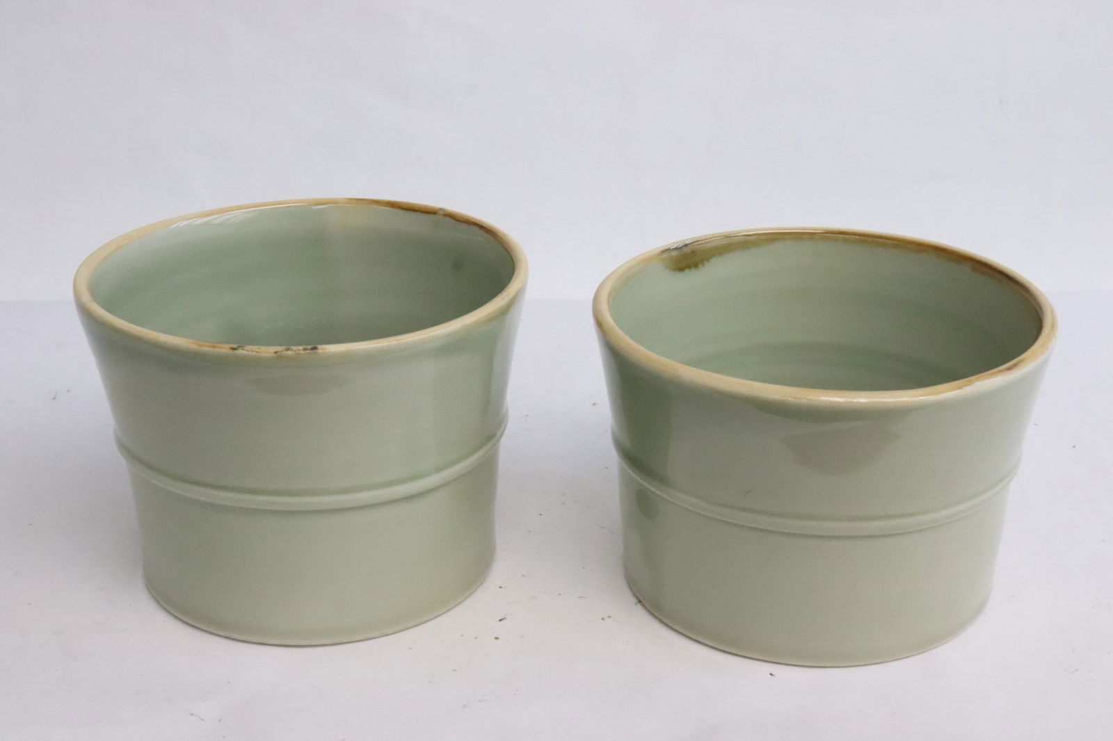 Pair rare early 19th century celadon planters: Pair rare early 19th century celadon planters, minor flea bites on top, 3"x4.4"dia, 3.2"x4.4"dia