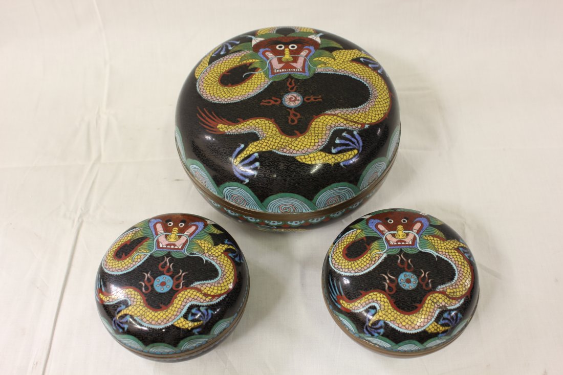 3 Chinese cloisonné boxes: 3 Chinese cloisonné boxes decorated with dragons, 4.25"Hx 7.75" diameter, 2 small, 2.75"Hx4.75"diameter each