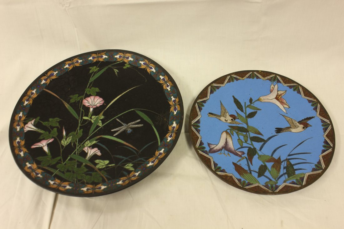 2 Japanese antique cloisonné enamel plates: 2 Japanese antique cloisonné enamel plates, one decorated with birds and bamboo tree (1"x9.7"diameter), one decorated with dragonfly and flowers (1.34"x14.5"diameter)
