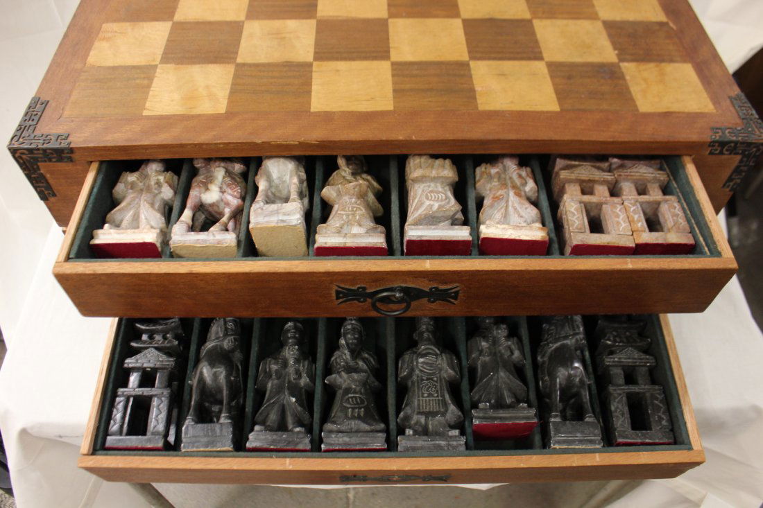 Chinese Shoshan stone carved chess set: Chinese chess set with pieces carved with Shoshan stones (box, 25.7"x12.&"x8.5", each piece approx. 5.5"H)