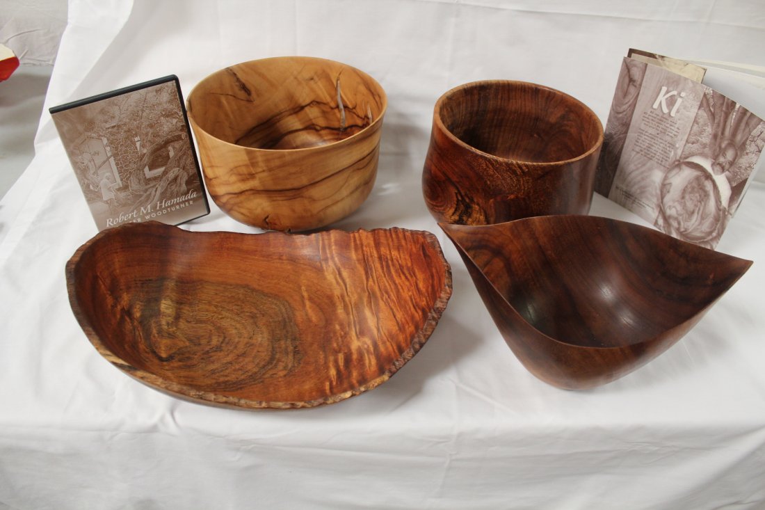 3 turning Koa wood bowls & artist bowl: 3 turning Koa wood bowls (6"x8.3"diameter, 6"x11"x7.7", 4.9"x13.8x11"), signed by artist, and a wood carved bowl by Robert M. Hamada (6.2"x9.2"diameter)