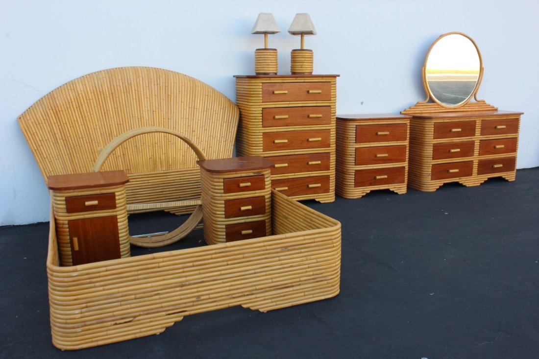 10pc 50's rattan bedroom set: 10pc 50's rattan bedroom set, including chest of drawers (50"x38"x19"), lamp tables (25"x20"x17" each), king size headboard (55"x81"x9") & bed frame (84"x63"x17"), lamps (23"x9"x9" each), wall shelf (