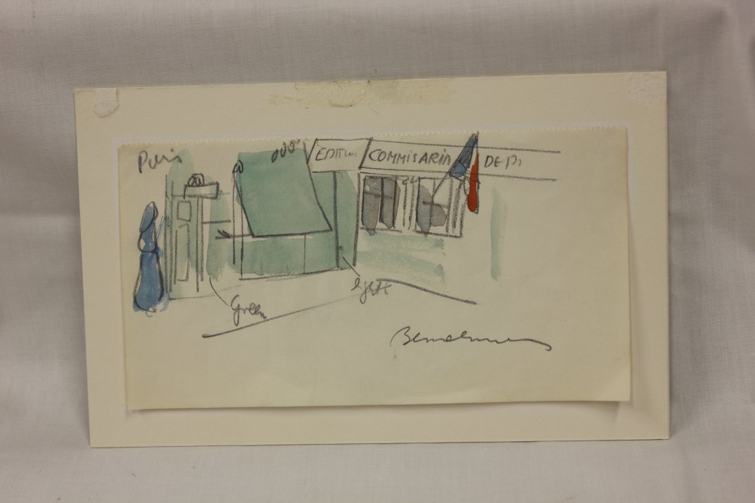 Watercolor/pencil by Ludwig Bemelmans: Watercolor/pencil "store front"(?) by Ludwig Bemelmans, 3.5"x6.5"
