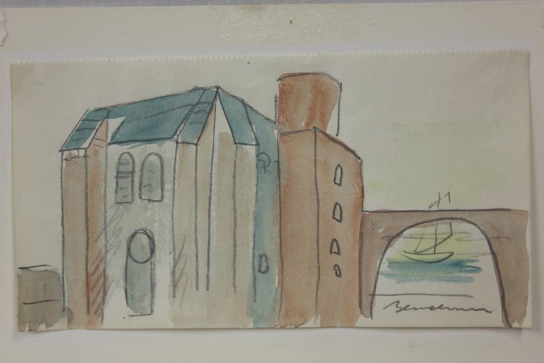 Watercolor/pencil by Ludwig Bemelmans: Watercolor/pencil "building with sail" by Ludwig Bemelmans, 3.6"x6.9"
