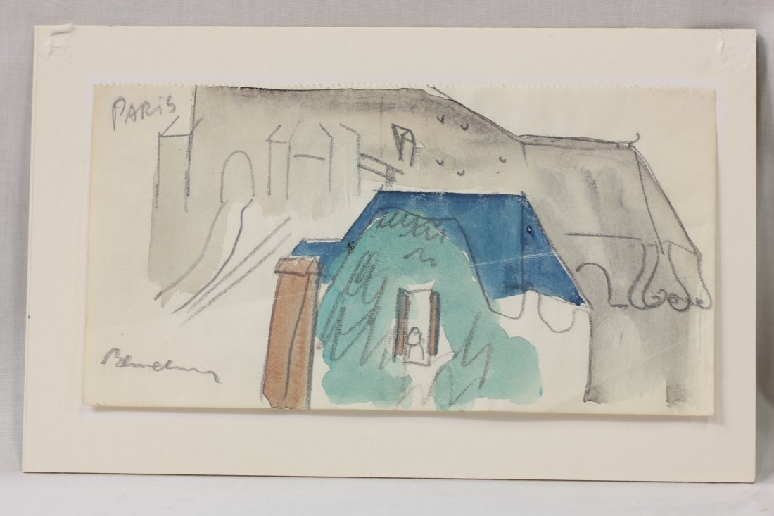 Watercolor/pencil by Ludwig Bemelmans: Watercolor/pencil "house with people" by Ludwig Bemelmans, 3.6"x6.9"