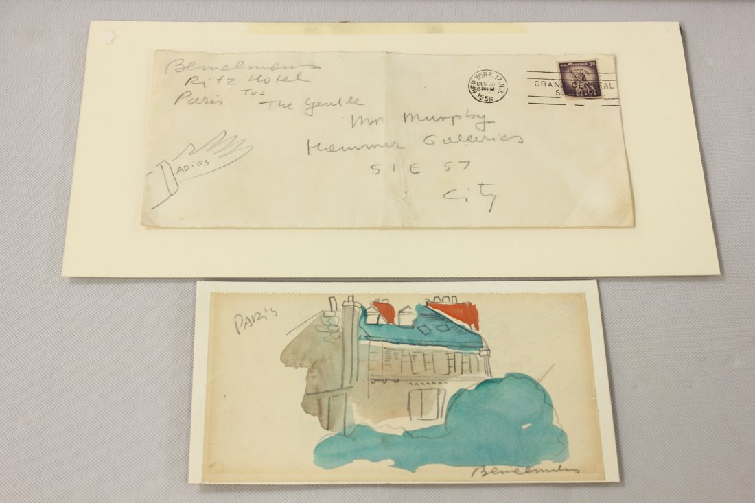 Watercolor/pencil by Ludwig Bemelmans: Watercolor/pencil "building" 93.75"x7") by Ludwig Bemelmans, together with a addressed envelop 94"x8.25") by Ludwig Bemelmans, dated 1956