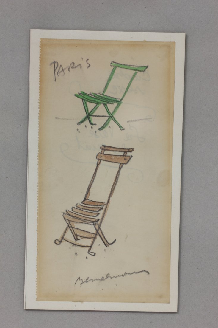 Watercolor/pencil by Ludwig Bemelmans: Watercolor/pencil "two folding chairs" by Ludwig Bemelmans, 6.9"x3.5"