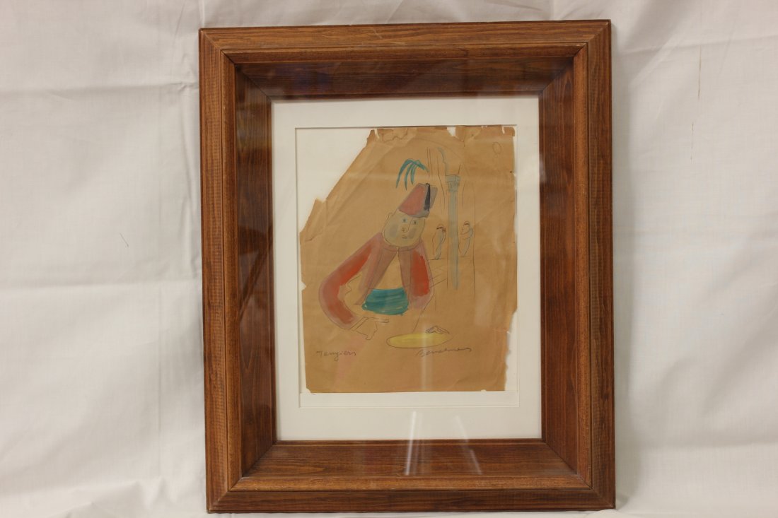 Watercolor/pencil by Ludwig Bemelmans: Watercolor/pencil "people" by Ludwig Bemelmans (corner torn, wrinkles), 8.5"x10.4"