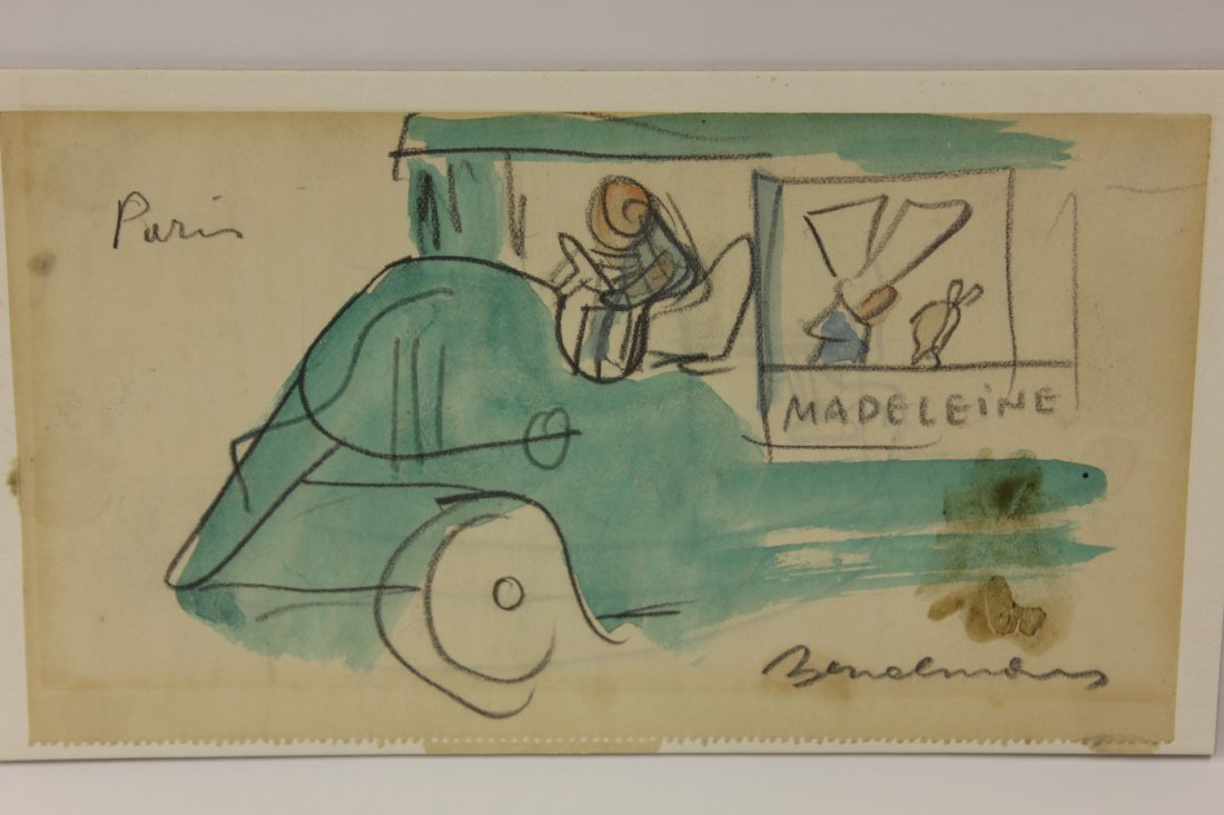 Watercolor/pencil by Ludwig Bemelmans: Watercolor/pencil "Madeleine on bus" by Ludwig Bemelmans, 3.9"x7"