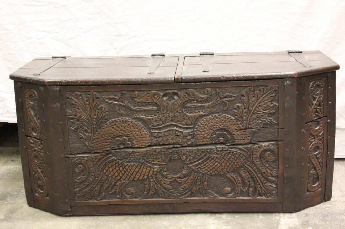17th/18th century mahogany storage chest: An important 17th/18th century American/English mahogany storage chest, carved with pair bird motif at front and flowers on panels in relief, 20"x46"x19.75"