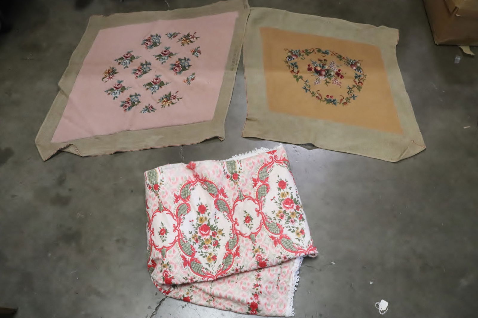 Large table cloth, and 2 large needle point panels: Large table cloth with beautiful floral pattern (61.5"x104"), and 2 large needle point panels (34.7"x41", 37.5"x47")