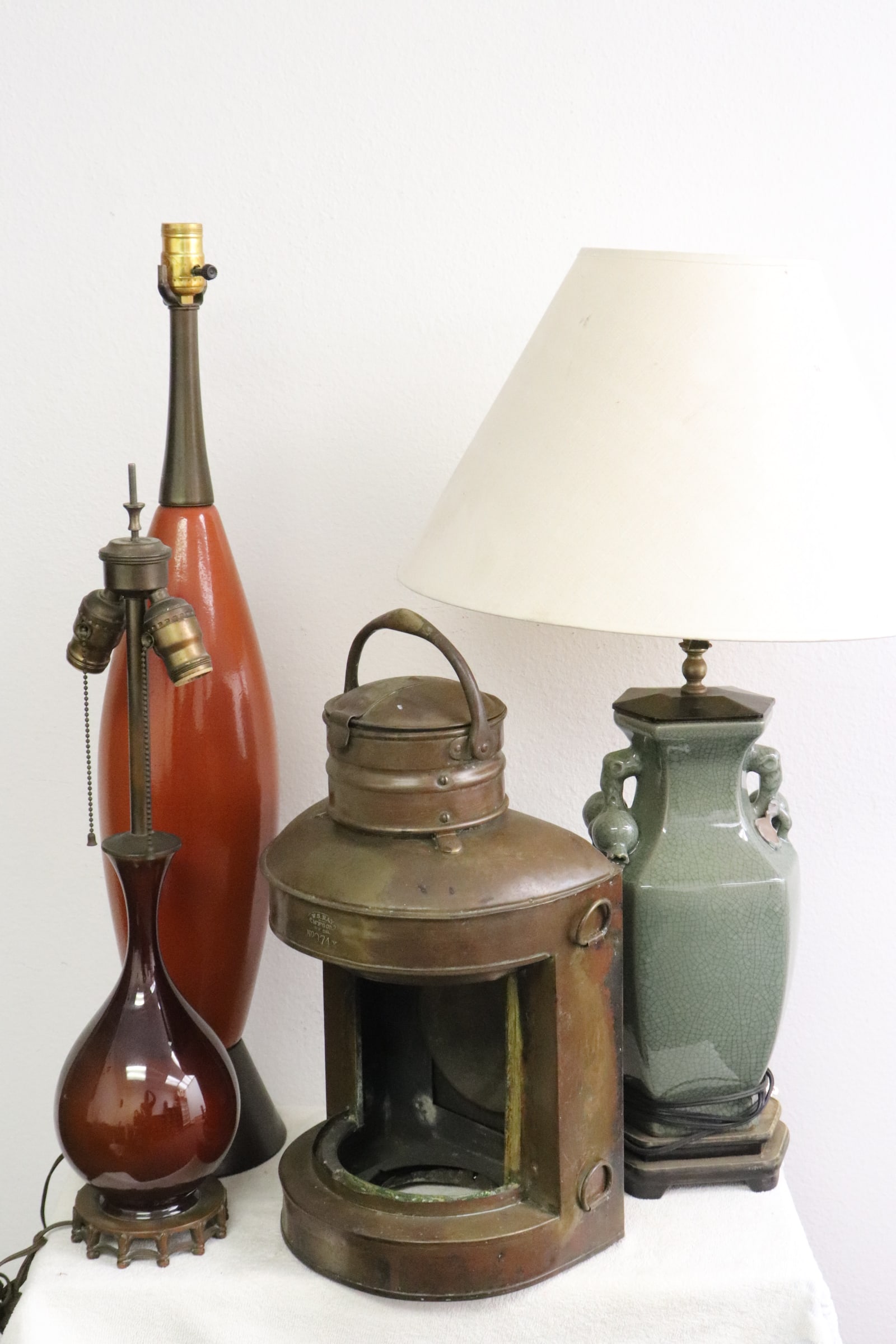 4 lamps: 4 lamps (19.6"H - 30.3"H); including an antique railroad copper lantern (front glass missing)