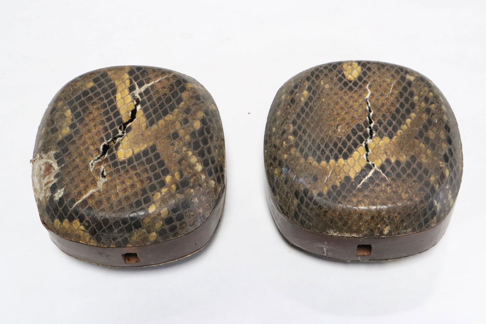 2 Chinese antique music instrument base part: 2 Chinese antique music instrument base part, with snake skin (snake skin damage), 2.9"x5.9"x5.4" ea