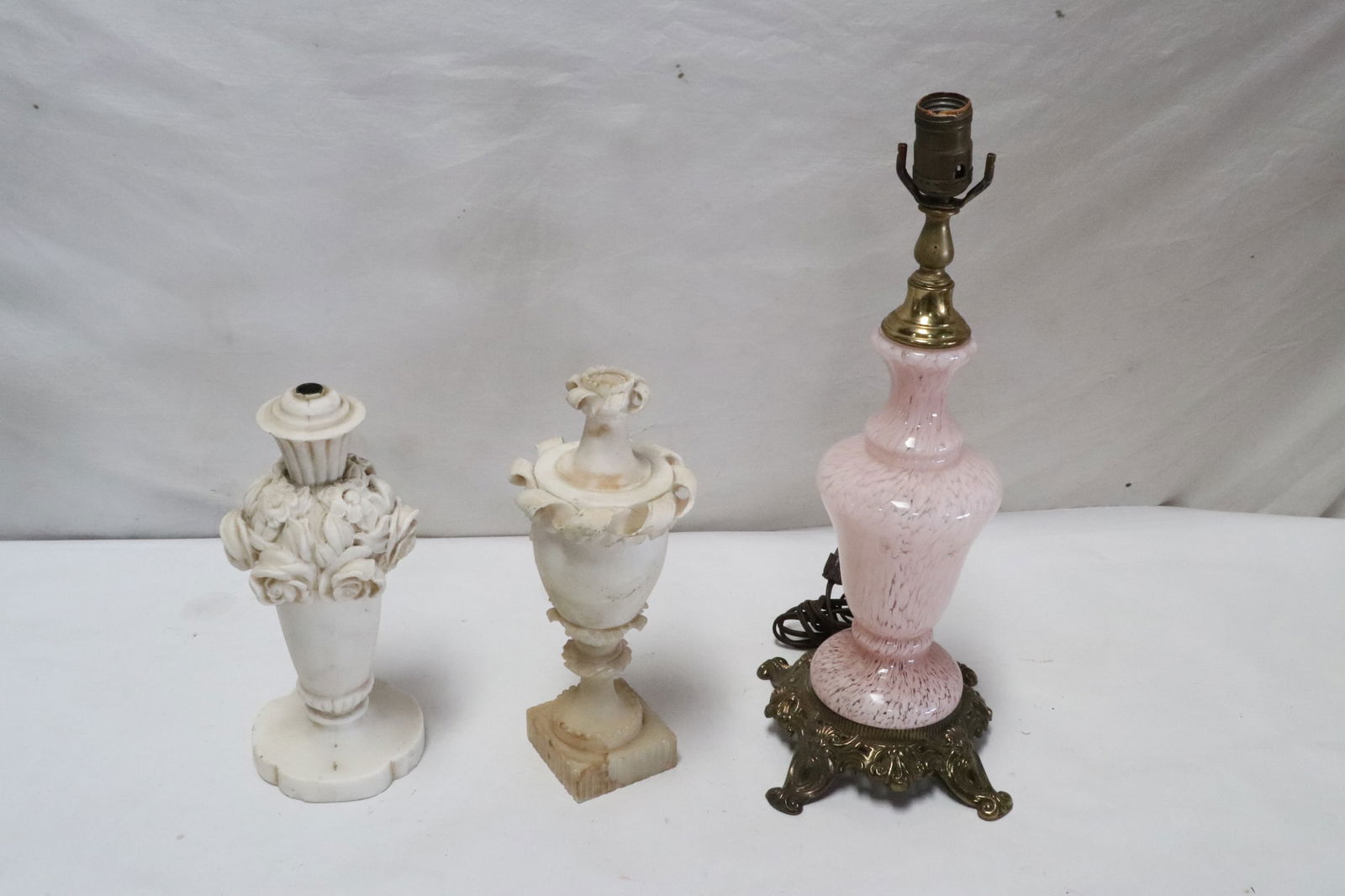2 alabaster lamp bases, and an art glass lamp: 2 alabaster lamp bases (11.2"H, 11.6"H), and an art glass lamp (18.3"H)