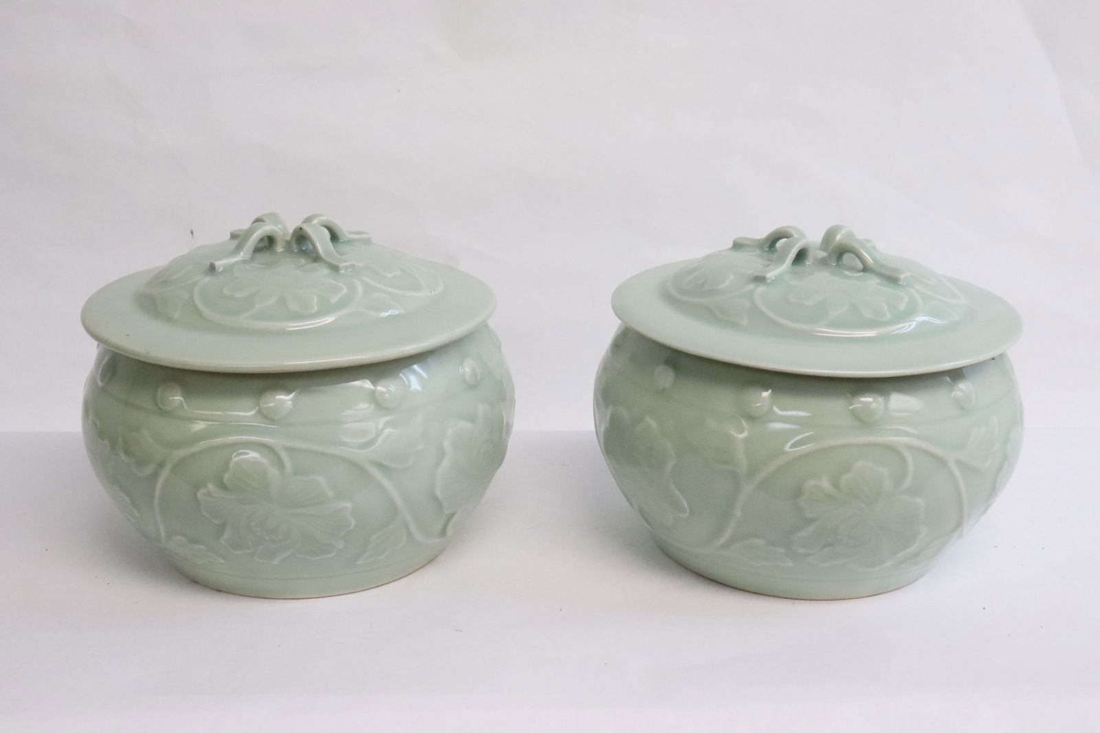 Pair celadon covered large bowls: Pair celadon covered large bowls, 5.9"x7.5"dia ea