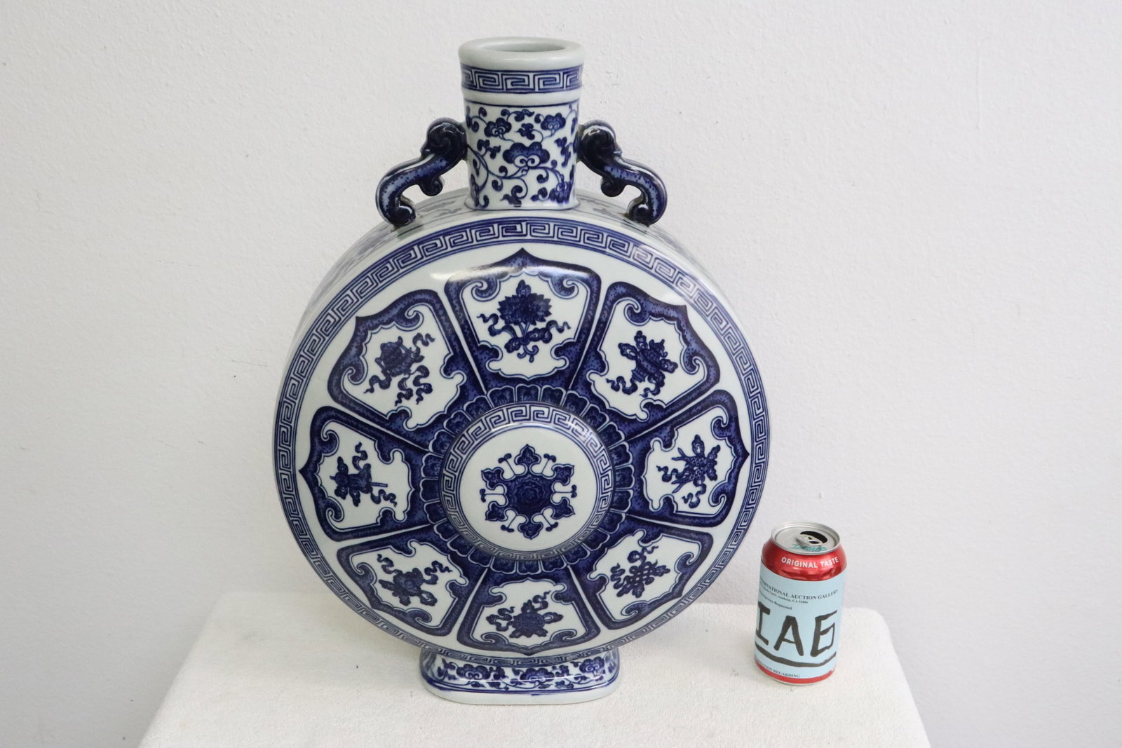 Large Chinese blue and white porcelain flask: Large Chinese blue and white porcelain flask, 19.5"x14.6"x8.8"
