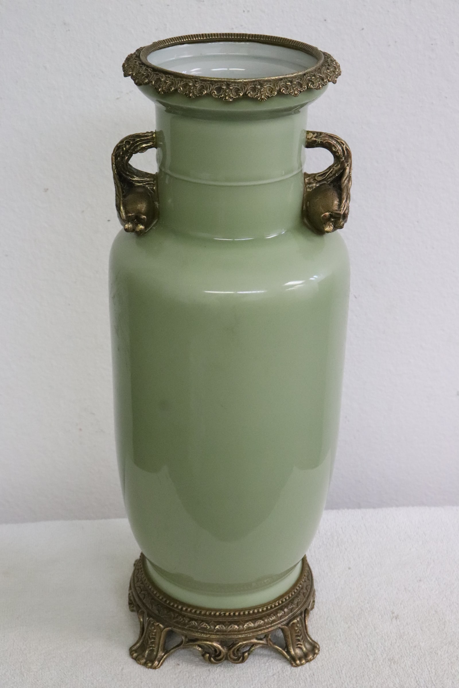 Celadon porcelain straight vase w/ bronze ormolu (1 of 9)