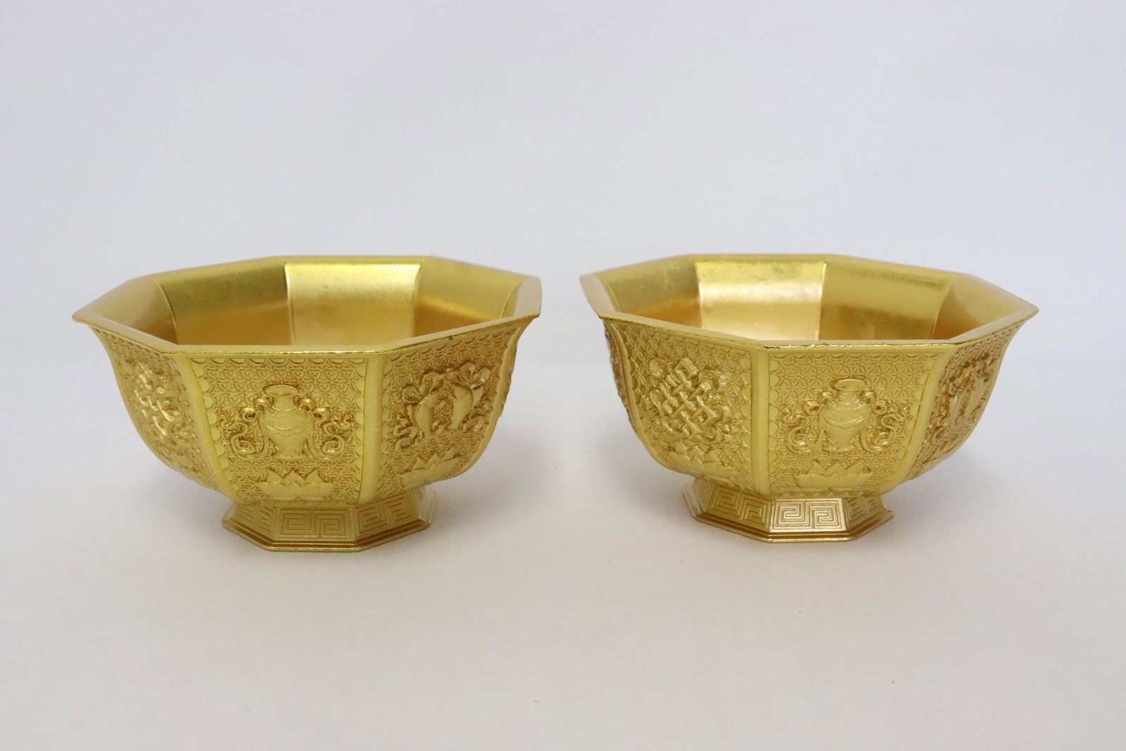 Pair Chinese gilt metal bowls: Pair Chinese gilt metal bowls, 2.35"x4.45"x4.45" ea