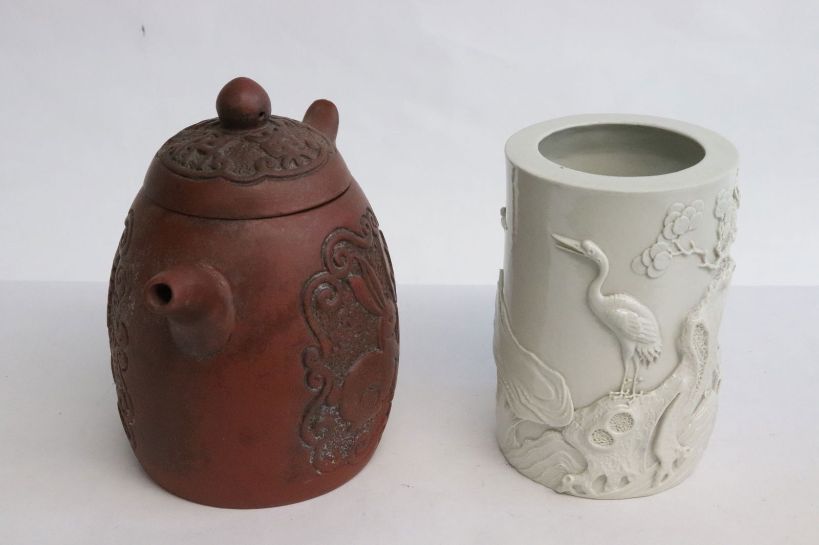 a Yixing teapot, & a carved porcelain brush holder (1 of 10)